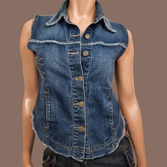 Vintage 90s Y2K Denim Vest Top Blue Sleeveless Button Front Size S - Picture 1 of 9